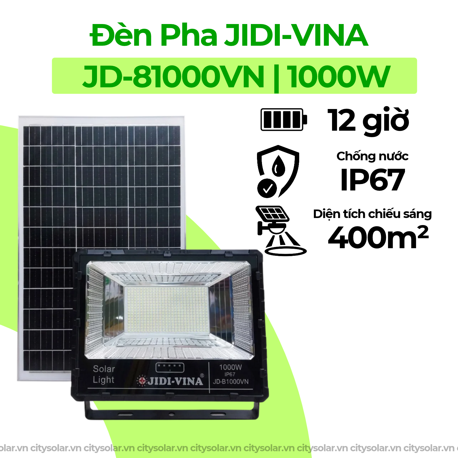Đèn Pha Năng Lượng Mặt Trời 1000W JIDI-VINA JD-81000VN Tấm Pin Mono